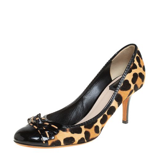 Beige/Black Leopard Print Pony Hair and Patent Leather Bow Pumps Size 39.5 - Dior - Modalova