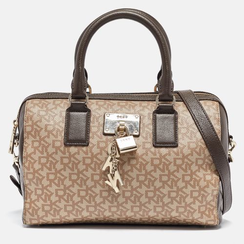 Beige Monogram Coated Canvas and Leather Lock Charm Boston Bag - Dkny - Modalova