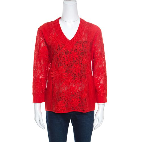 Lace Paneled V Neck Sweater M - Ermanno Scervino - Modalova