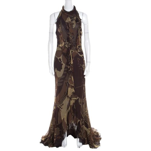 Green and Brown Fauna Print Plisse Silk Ruffled Halter Maxi Dress M - Escada - Modalova