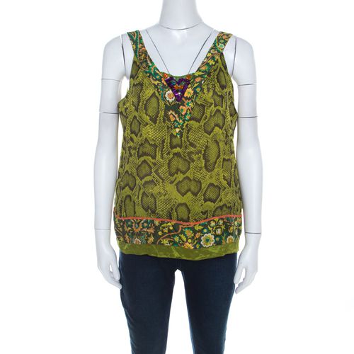 Lime Snakeskin Print Silk Embellished Sleeveless Top L - Etro - Modalova