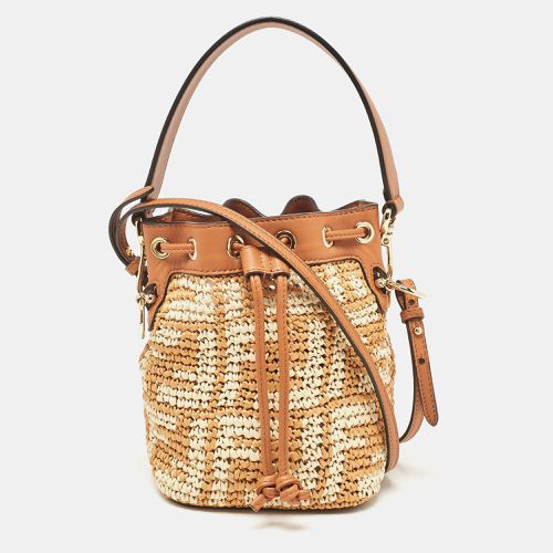 Beige Zucca Leather and Raffia Mini Mon Tresor Drawstring Bucket Bag - Fendi - Modalova