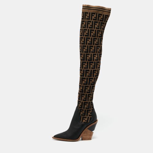 Black/Beige Zucca Fabric And Leather Colibri Knee Length Boots Size 38 - Fendi - Modalova