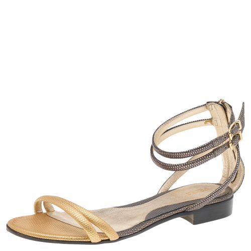 Lizard Embossed Leather Ankle Strap Flat Sandals Size 36.5 - Fendi - Modalova