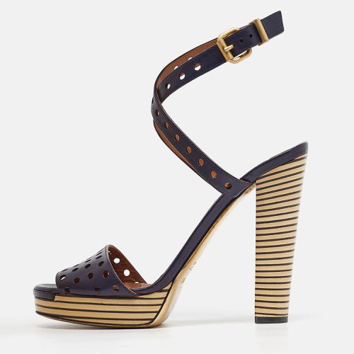 Navy Perforated Leather Ankle Strap Platform Sandals Size 40 - Fendi - Modalova