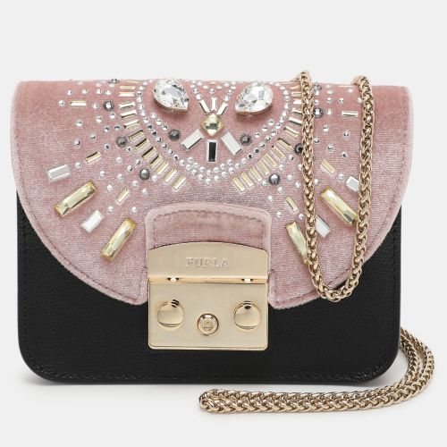 Black Leather and Velvet Mini Metropolis Embellished Crossbody Bag - Furla - Modalova