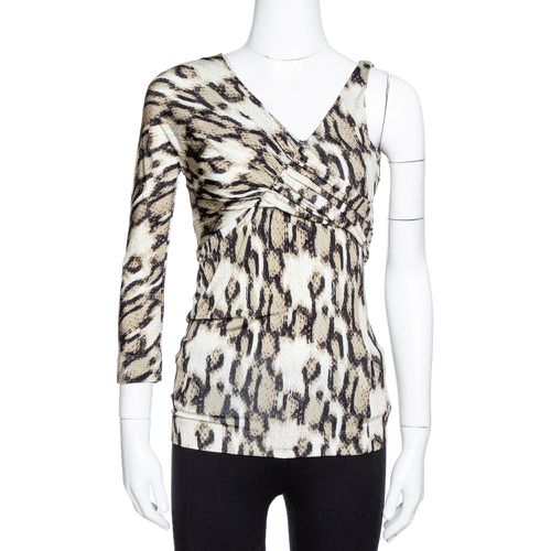 Khaki Snake Print Jersey Draped Asymmetrical Top M - Just Cavalli - Modalova