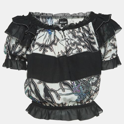 Black Printed Crepe Ruffled Off-Shoulder Crop Top M - Just Cavalli - Modalova