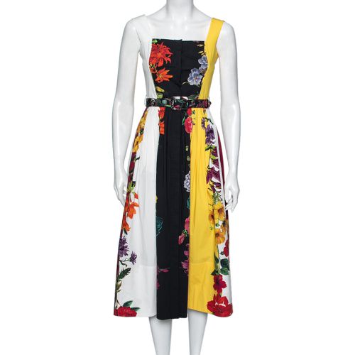 Floral Printed Cotton Pleated and Button Front Belted Midi Dress XS - Oscar de la Renta - Modalova