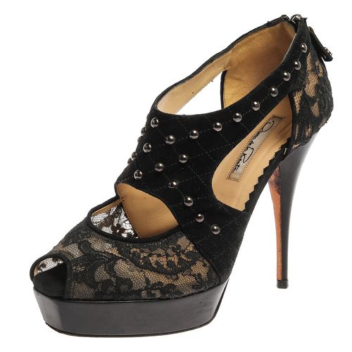 Lace And Suede Platform Studded Peep Toe Zipper Sandals Size 38 - Oscar de la Renta - Modalova