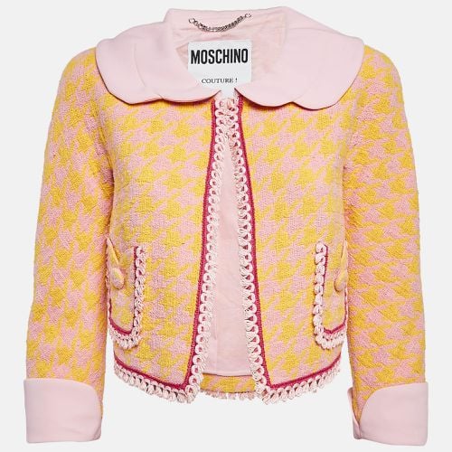 Yellow Houndstooth Tweed Open Front Crop Jacket S - Moschino Couture - Modalova