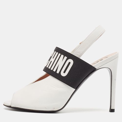 Black Leather and Elastic Logo Open Toe Slingback Pumps Size 37 - Moschino - Modalova