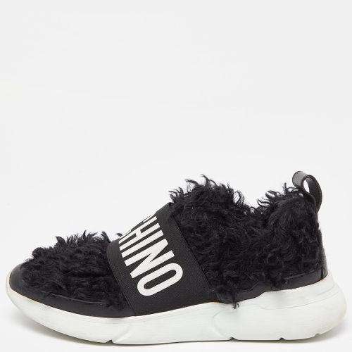 Leather and Faux Fur Logo Slip On Sneakers Size 37 - Moschino - Modalova