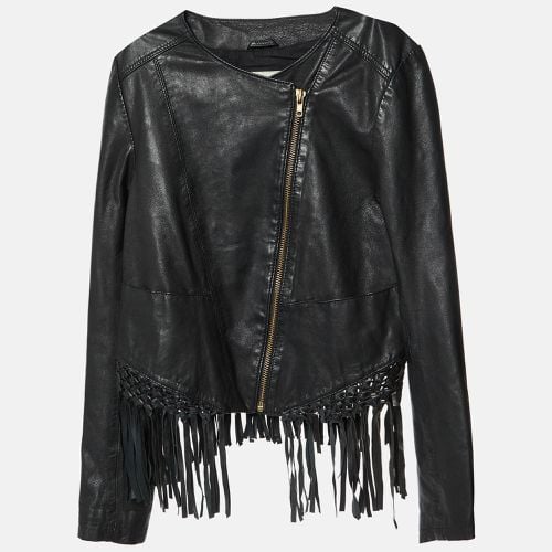 Leather Zip-Up Fringed Hem Detail Jacket M - Maje - Modalova