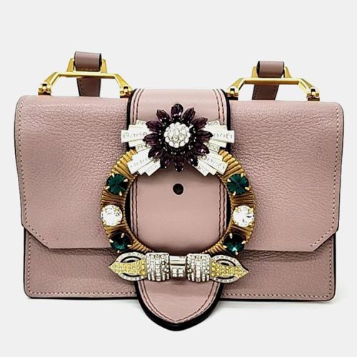 Dusty Madras Leather Crystal Embellished Buckle Flap Shoulder Bag - Miu Miu - Modalova