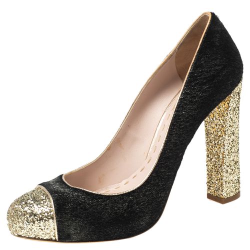 Gold Calf Hair And Coarse Glitter Cap-Toe Block Heel Pumps Size 40 - Miu Miu - Modalova