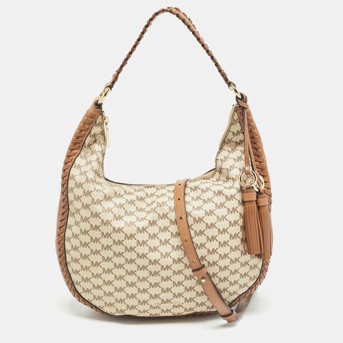 Beige/ Signature Coated Canvas and Leather Lauryn Hobo - Michael Kors - Modalova