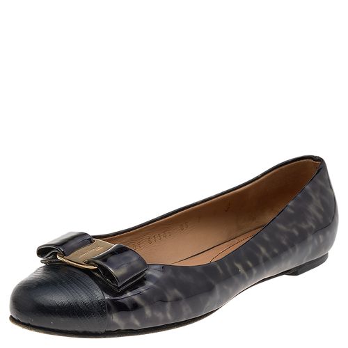 Two Tone Patent Leather And Lizard Embossed Leather Cap Toe Vara Bow Ballet Flats Size 37.5 - Salvatore Ferragamo - Modalova