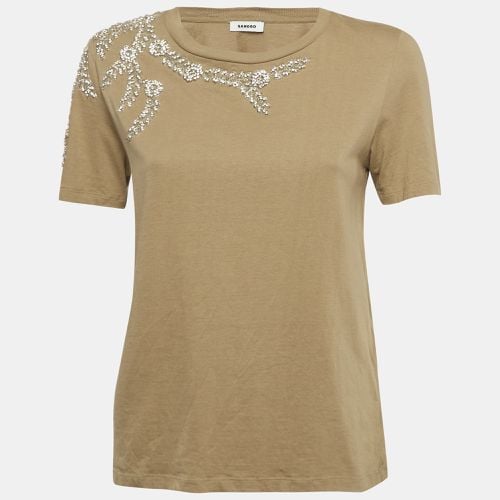 Olive Rhinestone Embellished Cotton T-Shirt XS - Sandro - Modalova