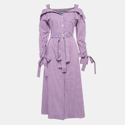 Gingham Cotton Bow Detail Belted Midi Dress M - Prada - Modalova