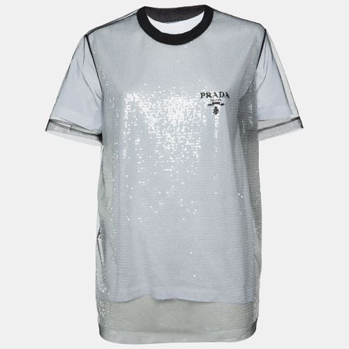 White Logo Print Sequin Tulle and Cotton Knit T-shirt M - Prada - Modalova