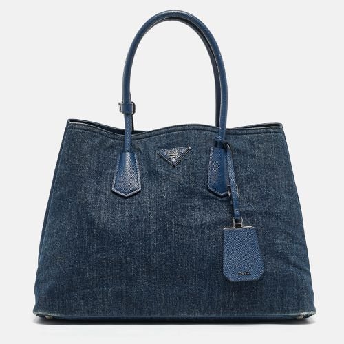 Denim and Saffiano Leather Large Double Handle Tote - Prada - Modalova