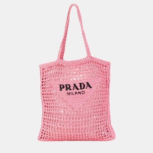 Prada Pink Crochet Raffia Logo Tote - Prada - Modalova