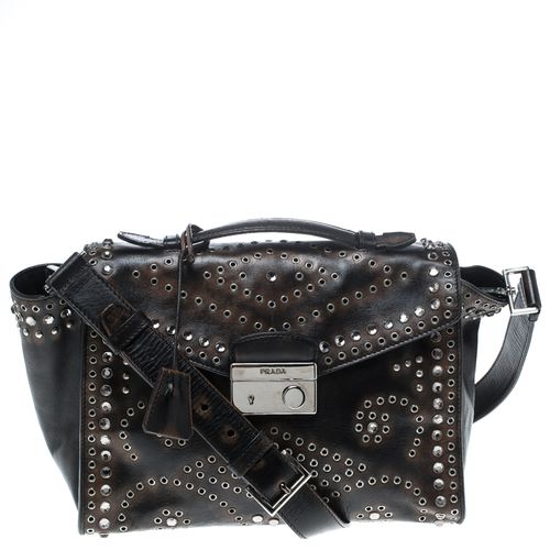 Dark Vitello Vintage Leather Eyelet Crystal Embellished Top Handle Bag - Prada - Modalova