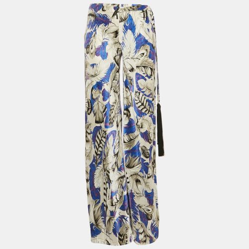 Feather Print Silk Satin Wide Leg Trousers S - Roberto Cavalli - Modalova