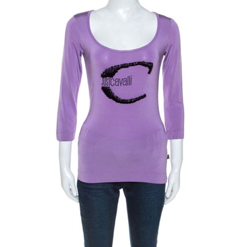 Lilac Jersey Embellished Logo Scoop Neck Top S - Roberto Cavalli - Modalova