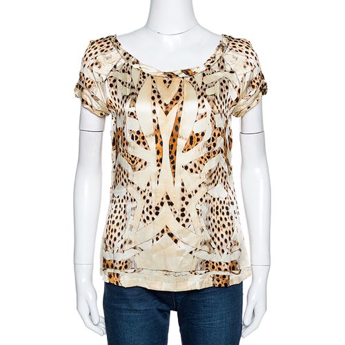 Cream and Silk Leopard Print Short Sleeve Top S - Roberto Cavalli - Modalova