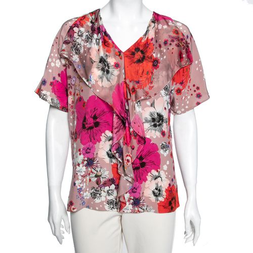 Floral Printed Silk Front Ruffle Detail Top M - Roberto Cavalli - Modalova