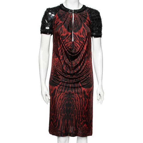 Red Animal Printed Embellished Jersey Dress M - Roberto Cavalli - Modalova