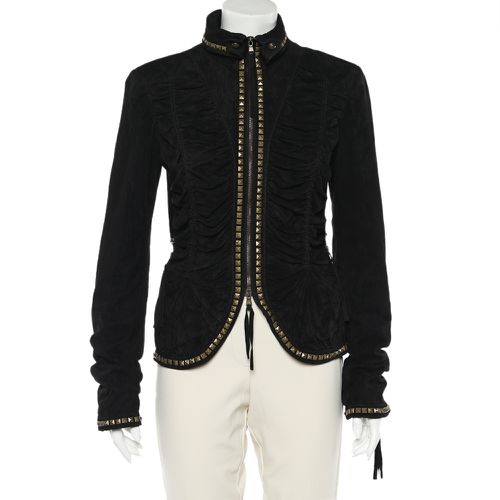 Studded Suede Zip Front Ruched Jacket M - Roberto Cavalli - Modalova