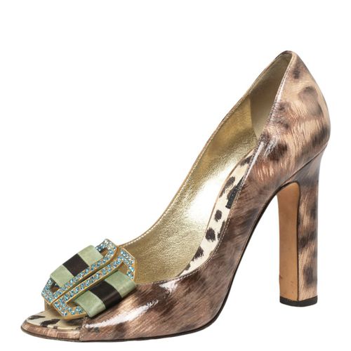 Beige Leopard Print Patent Leather Embellished Buckle Detail Peep-Toe Pumps Size 37.5 - Roberto Cavalli - Modalova