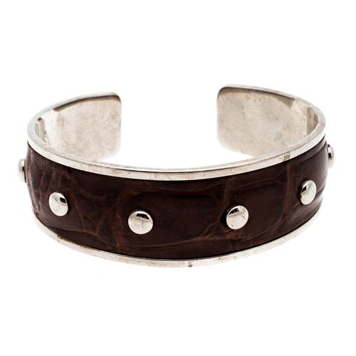 Dark Embossed Leather Studded Silver Tone Narrow Cuff Bracelet - Tod's - Modalova