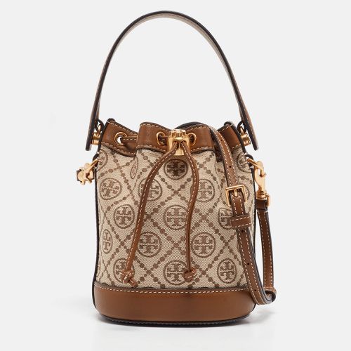 Beige Canvas and Leather Mini T Monogram Bucket Bag - Tory Burch - Modalova