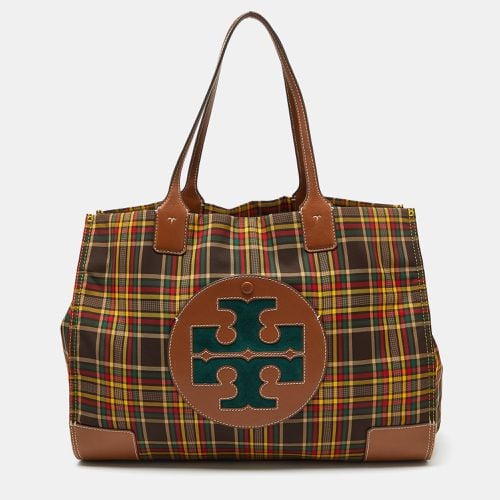 Plaid Fabric and Leather Ella Shopper Tote - Tory Burch - Modalova