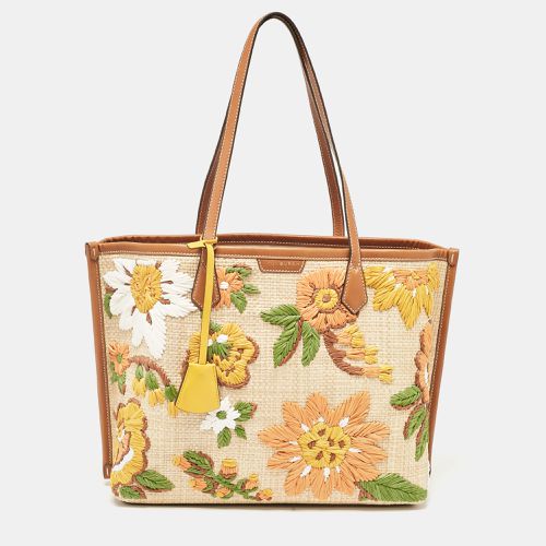 Beige Leather and Straw Embroidered Perry Shopper Tote - Tory Burch - Modalova