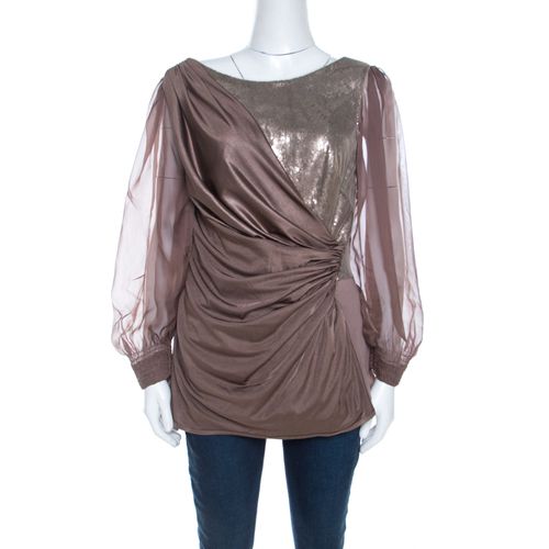 Champagne Stretch Knit Sequined Inlay Draped Sheer Sleeve Top M - Tadashi Shoji - Modalova