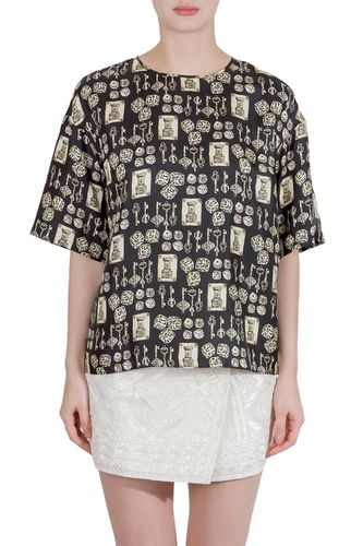 And Beige Dice Key Printed Silk Short Sleeve Top M - Dolce & Gabbana - Modalova