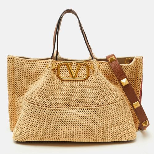 Natural Woven Raffia and Leather Medium Summer Tote - Valentino - Modalova