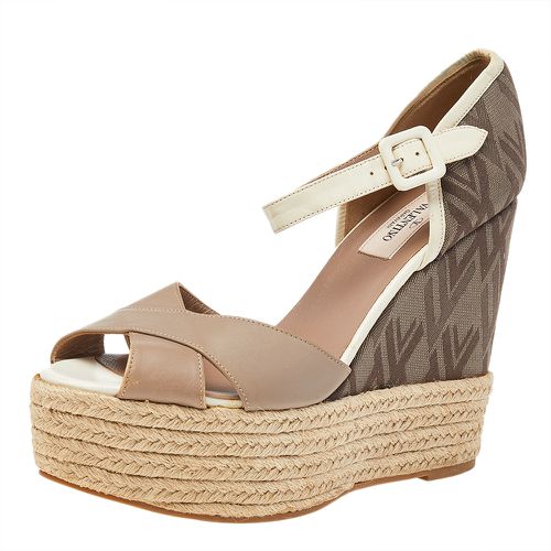 Brown Leather And Fabric Wedge Platform Espadrille Sandals Size 39.5 - Valentino - Modalova