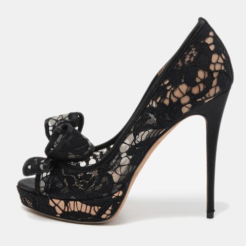 Lace and Mesh Bow Peep Toe Pumps Size 37 - Valentino - Modalova