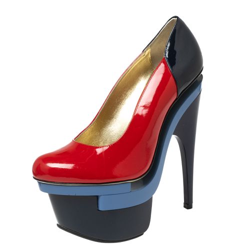 Navy Blue Patent Leather Triple Platform Sky High Pumps Size 37 - Versace - Modalova