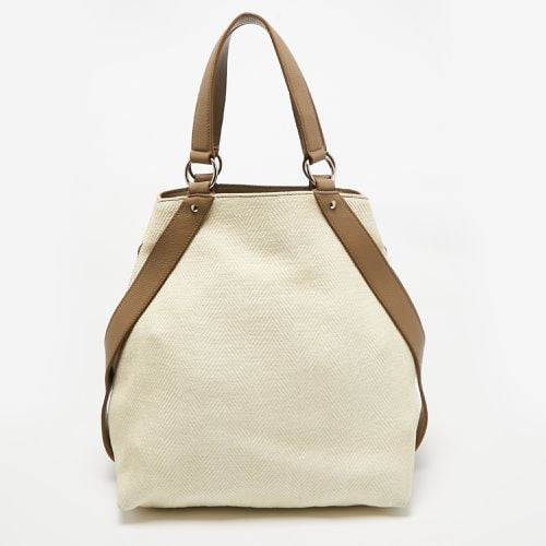 Taupe Grey Leather and Raffia Snap Tote - Yves Saint Laurent - Modalova