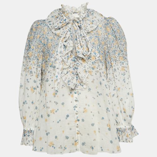 Floral Printed Ramie Ruffled Neck Top L - Zimmermann - Modalova