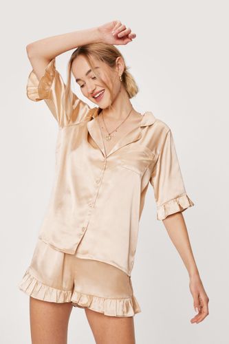 Womens Satin Ruffle Pajama Shirt And Shorts Set - - S - Nasty Gal - Modalova