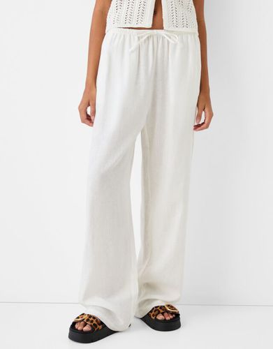 Pantalón Straight Con Lino Cintura Goma Mujer S - Bershka - Modalova