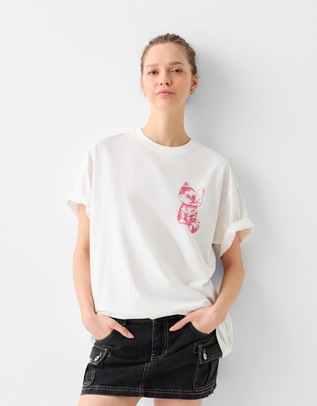 Camiseta Manga Corta Print Mujer S - Bershka - Modalova
